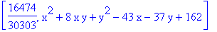 [16474/30303, x^2+8*x*y+y^2-43*x-37*y+162]